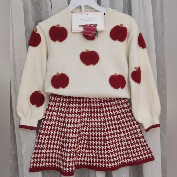 cupcakes & cashmere Other - Cupcakes&Cashmere Soft Red Apple Sweater&Houndstooth Skirt Set w/HairClip,S4,NWT